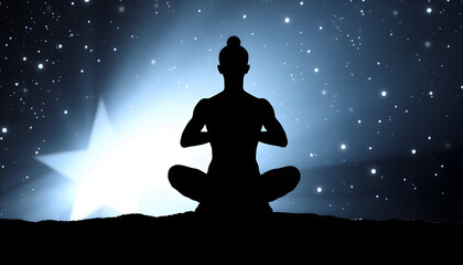 Silhouette of human sitting on stars background. Meditation in yoga. Psychology and relax isolated with white highlights, png