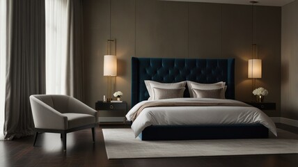 Modern bedroom with a tufted headboard, a plush white bed, a large window, a plush armchair, nightstands, and a white rug.