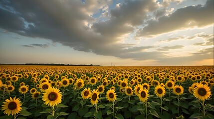 Obraz premium Field of Sunflowers Blooming Under Dramatic Sky in 16x9 Format