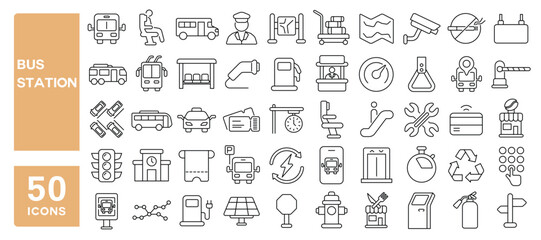 Set of 50 line icons related to bus station, bus, transportation, travel, station, track, transport, Editable stroke. Vector illustration