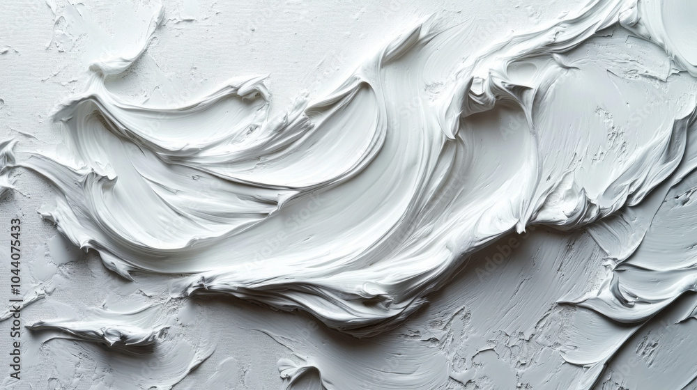Poster the image shows dynamic and textured white paint strokes on a flat surface, creating a contemporary 
