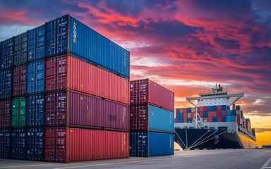 Fototapeta premium Cargo ship, A large cargo ship and stacks of shipping containers at a port at sunset.