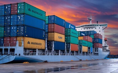 Obraz premium Cargo ship, Large cargo ship loaded with colorful shipping containers docked at a port during sunset.