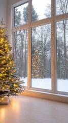 The cozy interior features a lush Christmas tree adorned with golden lights and ornaments, positioned beside a window showcasing a serene snowy landscape