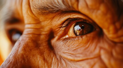 The eyes of an indigenous elder sharing traditional wisdom with young community members, Symbolizing cultural preservation and intergenerational knowledge, close-up photography style