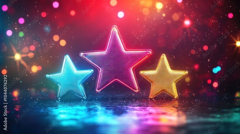Poster colorful stars with a vibrant bokeh background, creating a festive and whimsical atmosphere.