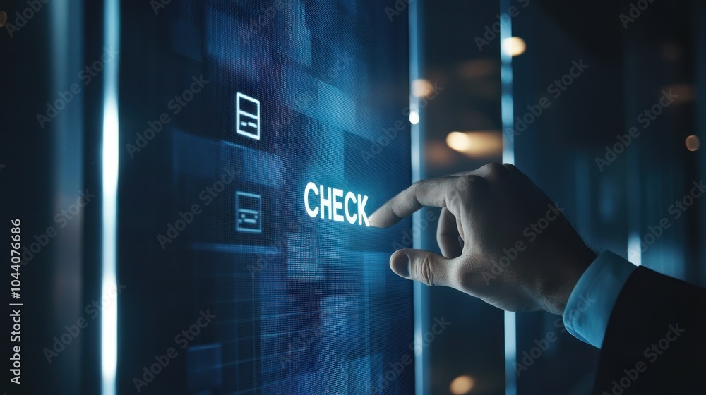 Poster a hand interacting with a digital interface, highlighting the word 