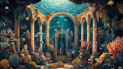 A mythical underwater palace, where poseidon holds court among sea creatures and merfolk, under a dome of coral. Merfolk Palace. Illustration