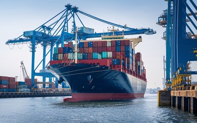 Fototapeta premium Cargo ship, Cargo ship at a busy port with large cranes and containers.