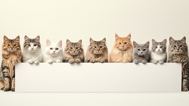 kittys standing behing a blank and white banner