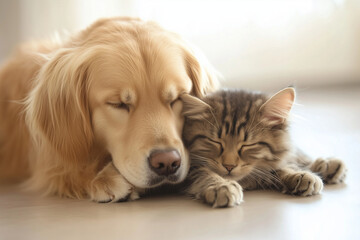 dog and cat sleeping together are friends
