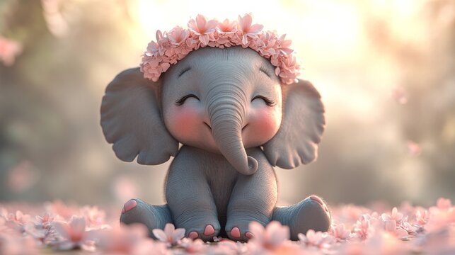 Fototapeta 3D render of a baby elephant with a flower crown, sitting happily