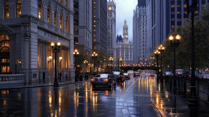 Fototapeta premium Tall buildings reflect city lights at dusk on a rain-soaked street, where people enjoy outdoor activities despite the cold
