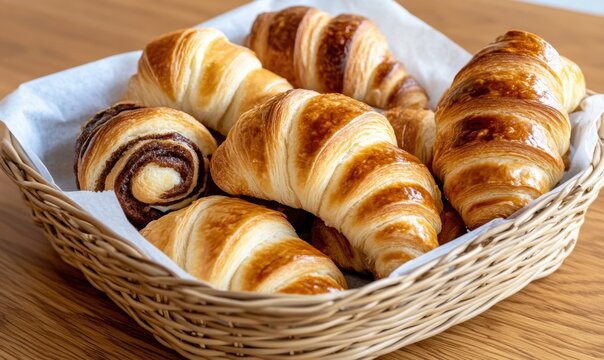 A basket filled with croises sitting on top of a wooden table - Agriculture