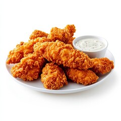 Spicy fried chicken tenders with ranch sauce, food element, hyper-realistic, golden crispy coating, isolated on white background