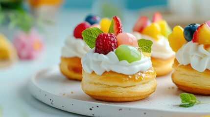 Colorful Profiteroles with Fresh Fruit and Cream Topping