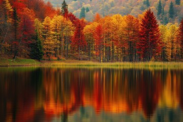Obraz premium Golden autumn trees reflected in a calm lake
