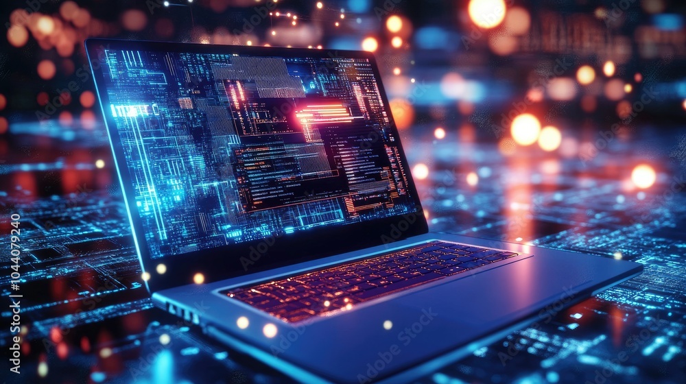 Poster futuristic laptop with interactive display technology