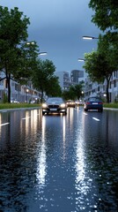 Tall buildings reflect city lights at dusk on a rain-soaked street, where people enjoy outdoor activities despite the cold