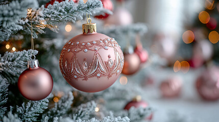 beautifully decorated Christmas tree adorned with elegant ornaments, creating warm and festive atmosphere. soft colors and sparkling details evoke sense of joy and celebration