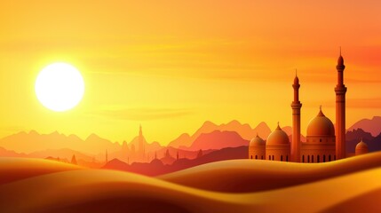 Obraz premium Serene Mosque Landscape at Sunset
