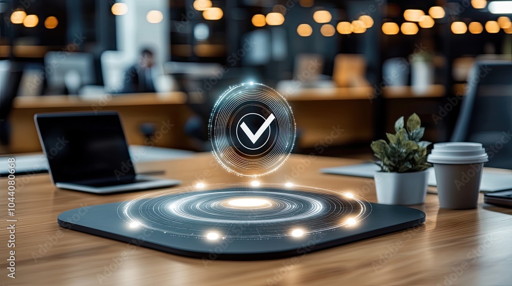 Poster a digital checkmark indicates accomplishment within a stylish office environment featuring ample nat