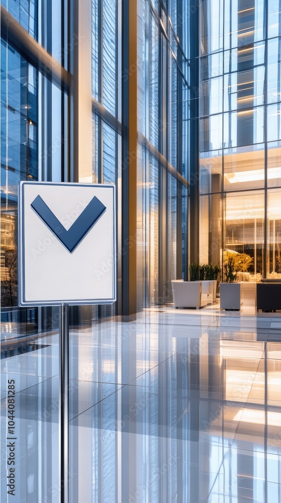 Poster a digital checkmark indicates accomplishment within a stylish office environment featuring ample nat