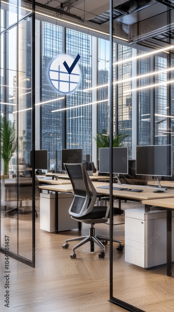 Poster a digital checkmark indicates accomplishment within a stylish office environment featuring ample nat