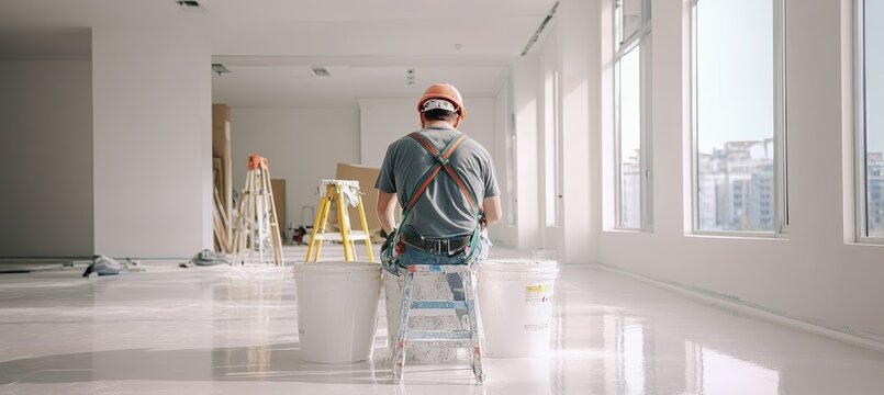 Construction worker taking a break, seated on a ladder amidst painting supplies in a renovated room.