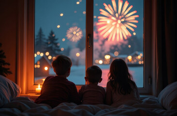 New Year fireworks, people sitting at home and looking out the window, Christmas tree and forest in the background, starry night