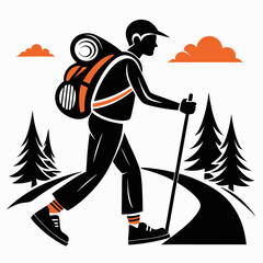 Fototapeta premium Outdoor enthusiast hiking with a backpack and gear on a winding path, adventure illustration