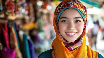 Fototapeta premium Smiling Woman in Traditional Asian Attire