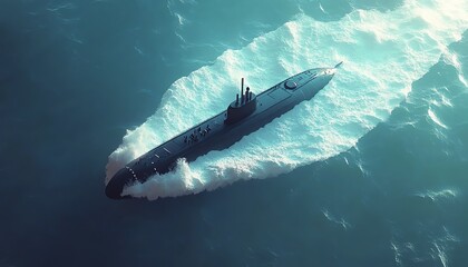 Fototapeta premium Aerial view of a submarine navigating through the turquoise ocean waters, leaving a white trail in its wake on a bright, sunny day.