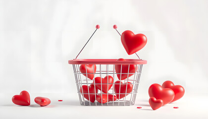 Empty shopping basket with hearts. 3d rendering illustration isolated with white highlights, png