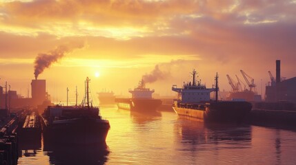 Fototapeta premium The tranquil beauty of sunrise over a bustling industrial port, with cargo ships preparing for departure under a sky painted in soft hues, Reflecting the optimism of global trade awakening