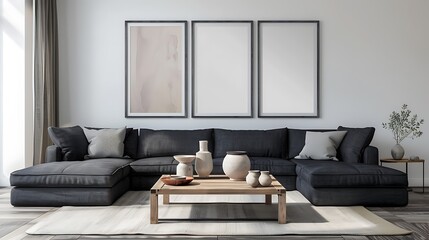Modern Interior of Stylish Living Room ,Wall Mock Up, Frame , Poster with Beautiful Background, 3d render
