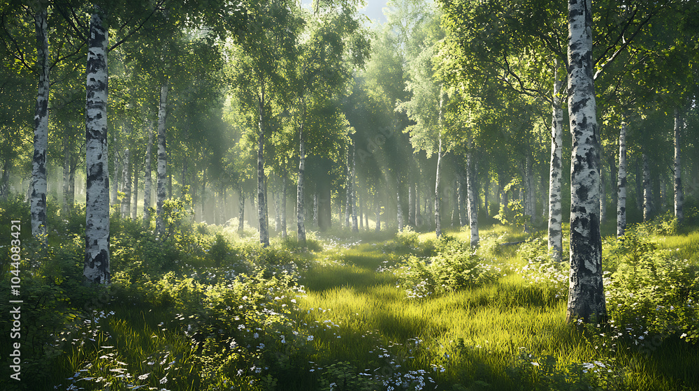 Poster a serene forest scene with tall birch trees surrounded by lush greenery and soft sunlight filtering 