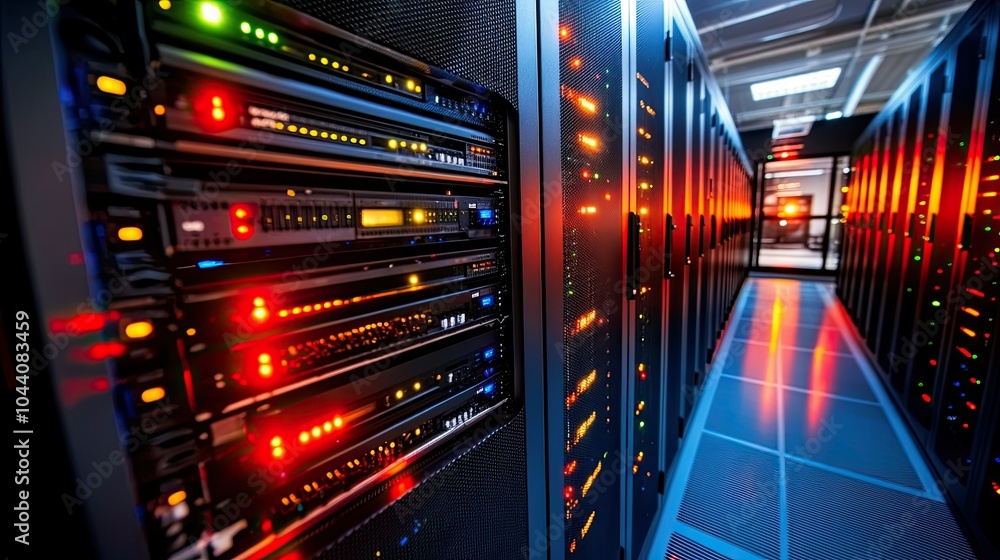 Poster organized data center with neatly arranged servers