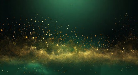 Shimmering Gold Dust and Bokeh Lights on a Deep Emerald Green Background
