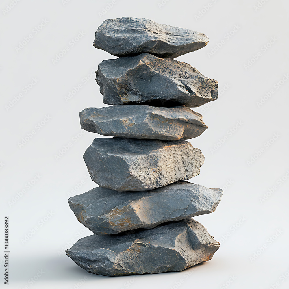 Poster stack of sharp, rough stones on light background creates striking visual. natural textures and color