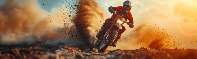 Dirt bike rider in mid air with dust coming out of his back, sport background