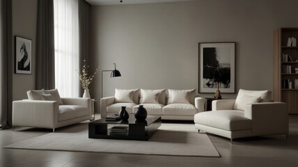 Modern living room with a white sofa, a coffee table, a rug, and a large window.