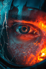 Naklejka premium a close-up of a human eye, with a blue iris, reflecting flames