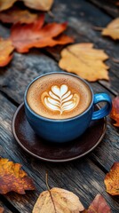 Coffee with Latte Art and Autumn Leaves.