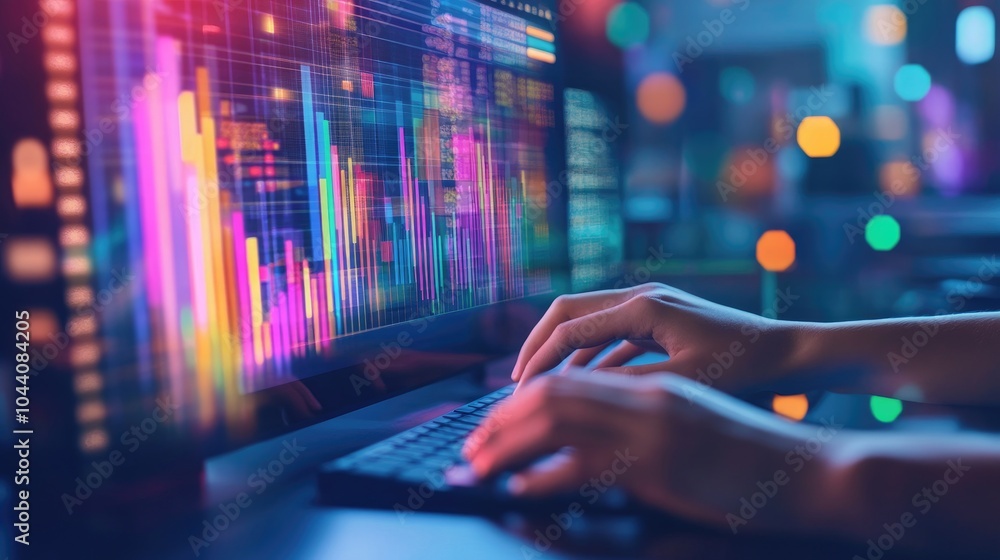Poster hands typing on keyboard with colorful data visualization