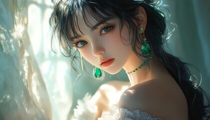 Elegant portrait of a young woman adorned with emerald jewelry, bathed in soft light, creating a dreamy and enchanting atmosphere.