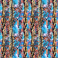 Fun girly camouflage pattern in vibrant stripes and spotted seamless design . Modern skin texture patched effect for festival and beach wear style in repeat .