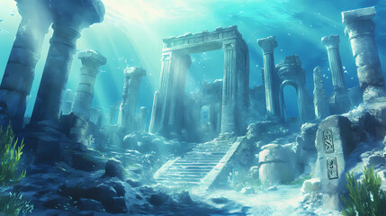 An ethereal underwater illustration scene of the mythical lost city of atlantis with ancient ruins and a mysterious rune. Lost Atlantis. Illustration
