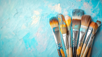 Obraz premium Close-up view of various artist brushes coated with colorful paint on a textured blue surface