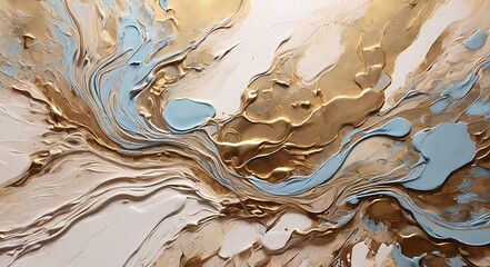 Abstract Fluid Art Painting with Swirling Blue and Gold Patterns on a White Canvas